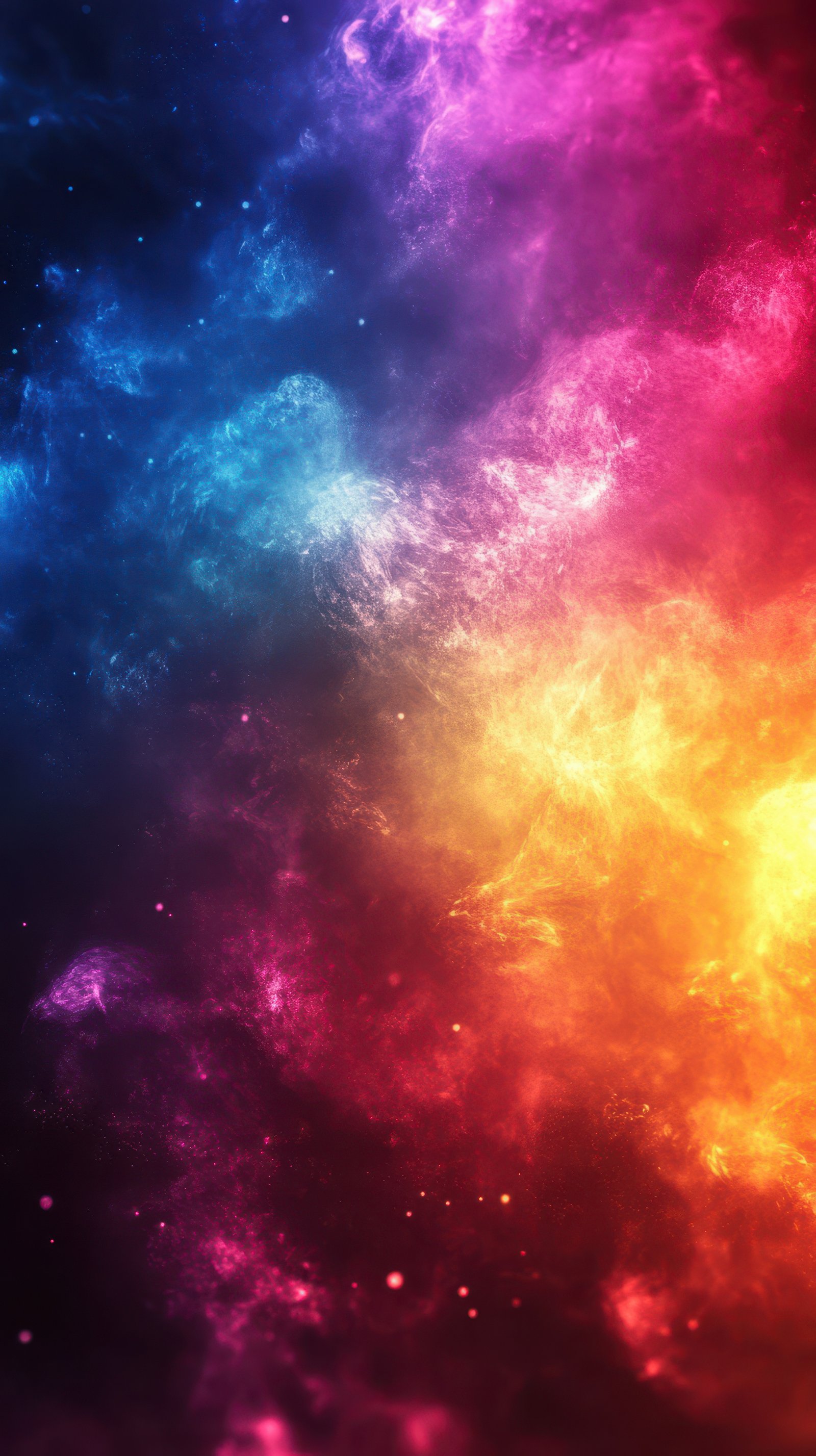 Colorful cosmic background with swirling clouds in shades of blue, purple, orange, and yellow filled with light and depth